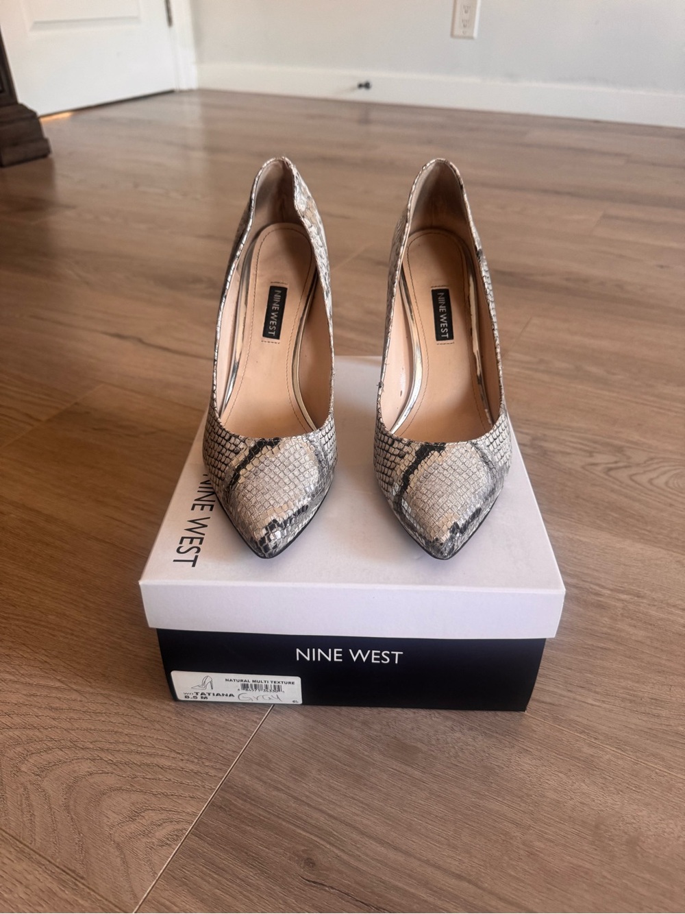 Nine West Women's Snake-Print Pointed Toe Pumps in White and Gray